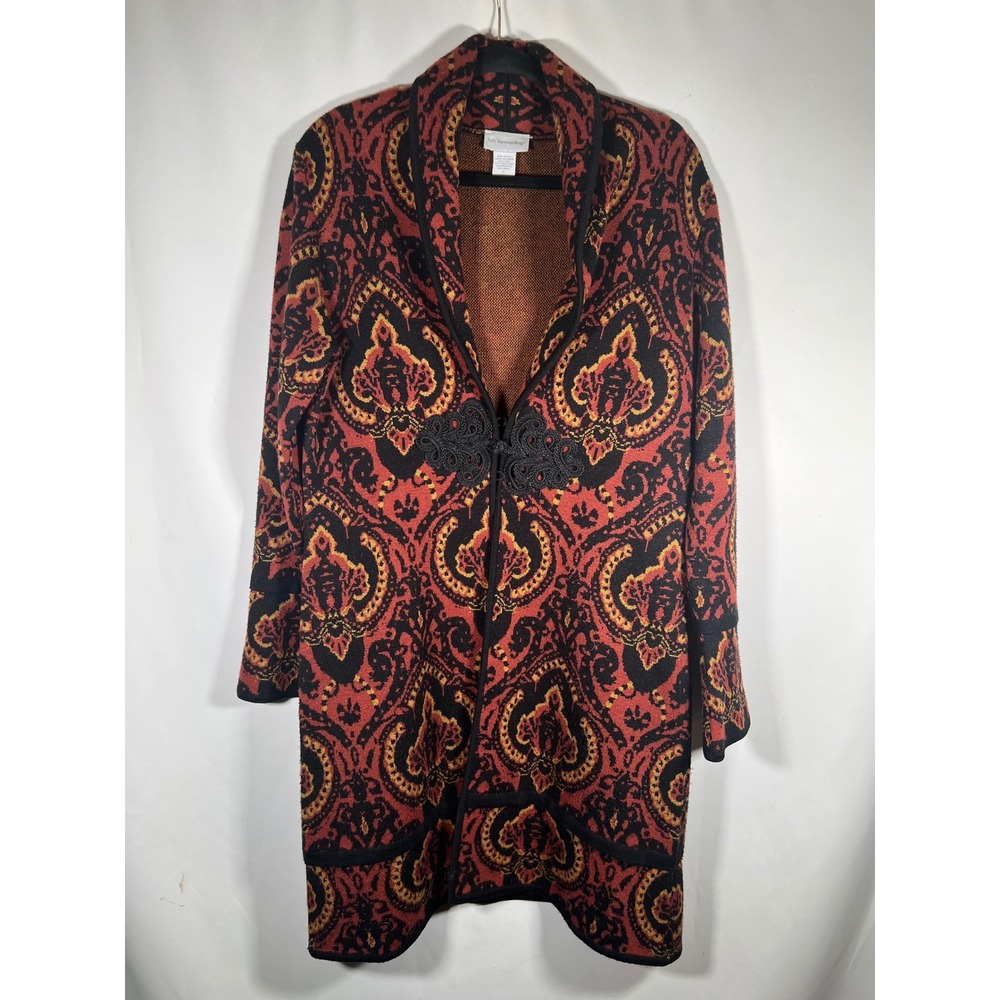 Soft Surroundings Red Paisley Damask Frog Closure Wool Blend Cardigan Sweater M